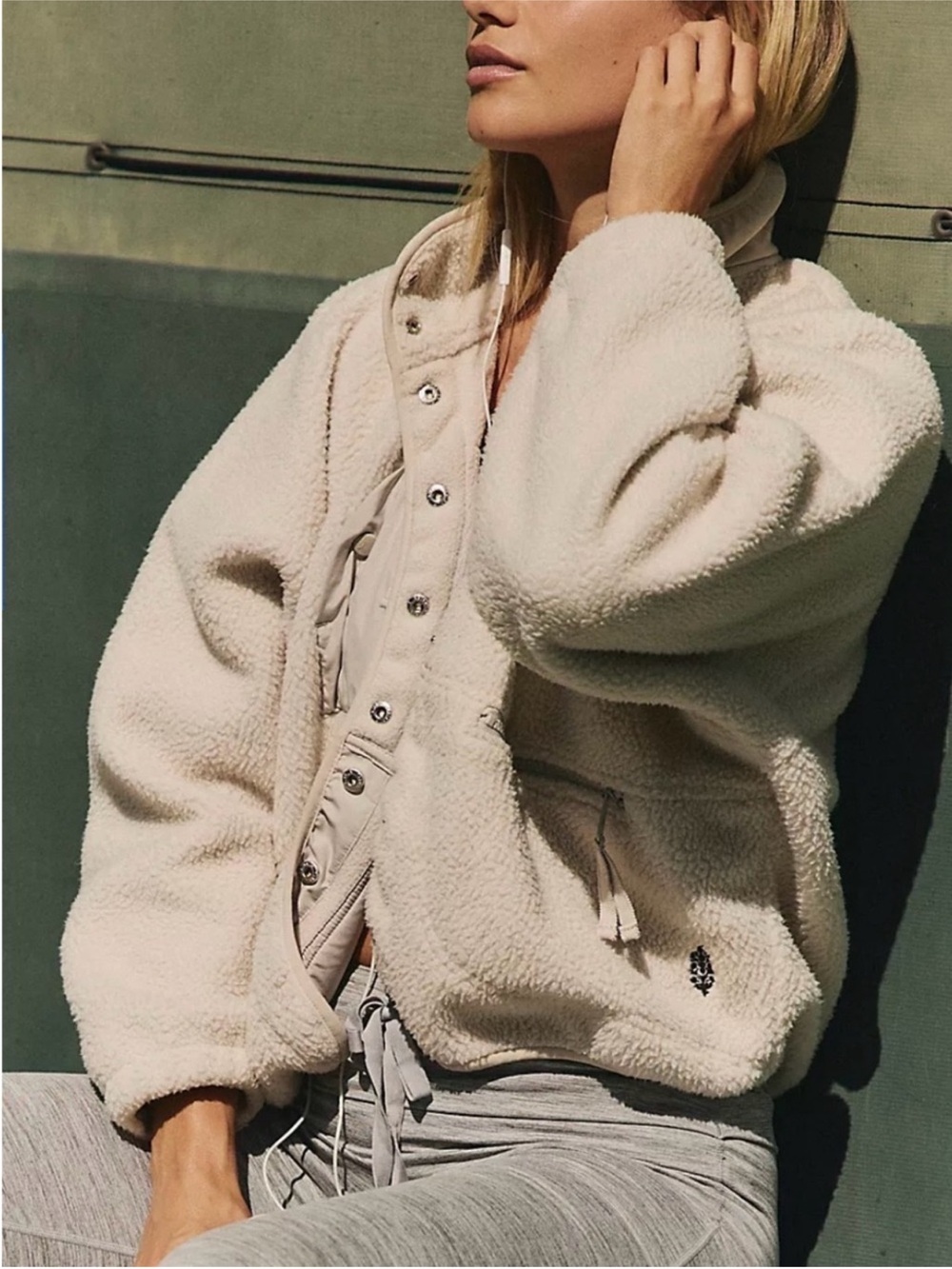 Free People Movement Hit The Slopes Off White Fleece Sherpa Button Jacket Coat